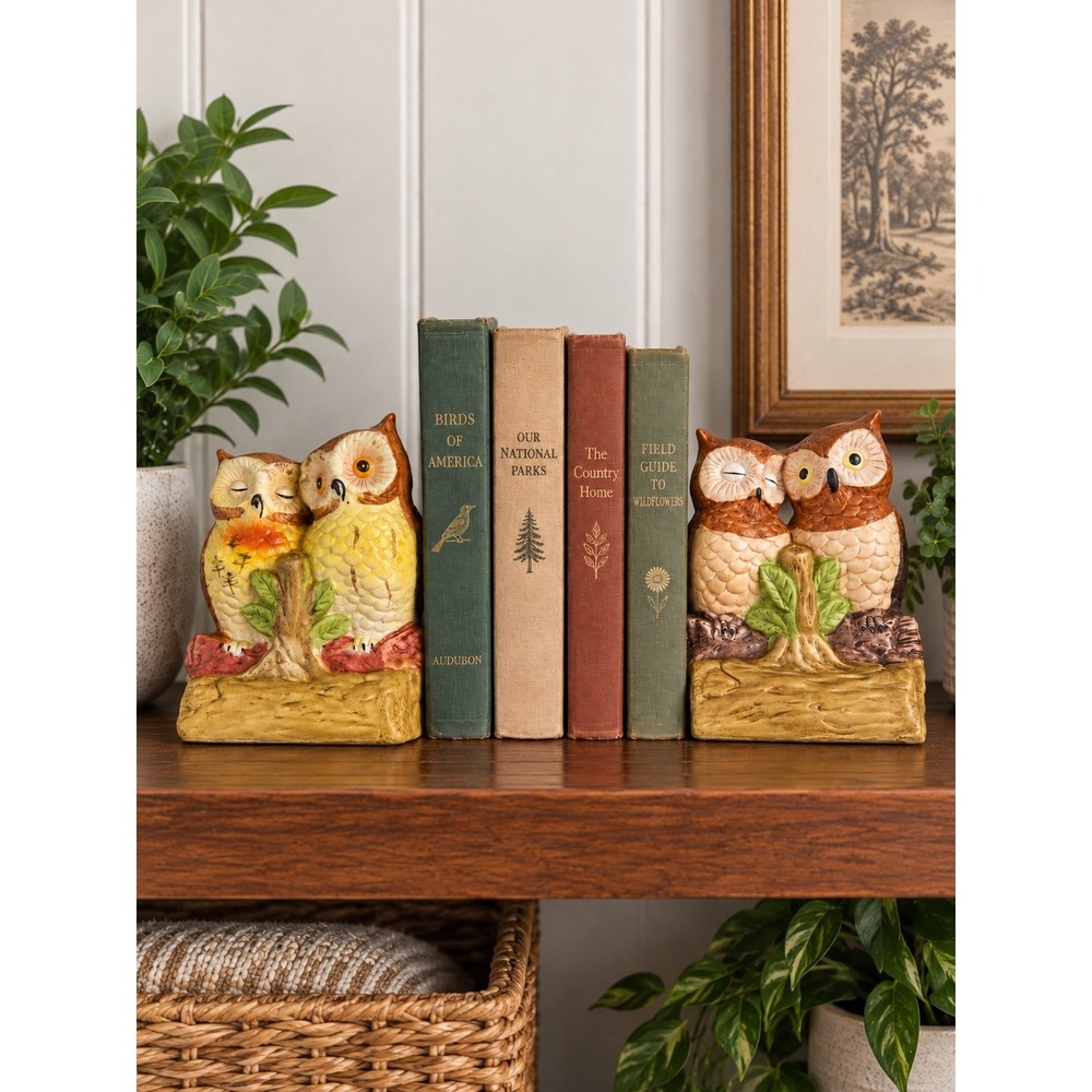 Vintage 1970's Owl Couple Ceramic Bookends Rustic Woodland Cottage Home Decor